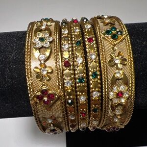 Traditional Pakistan Indian Bangle Set Gold Color Multi-Color Rhinestone Jewelry